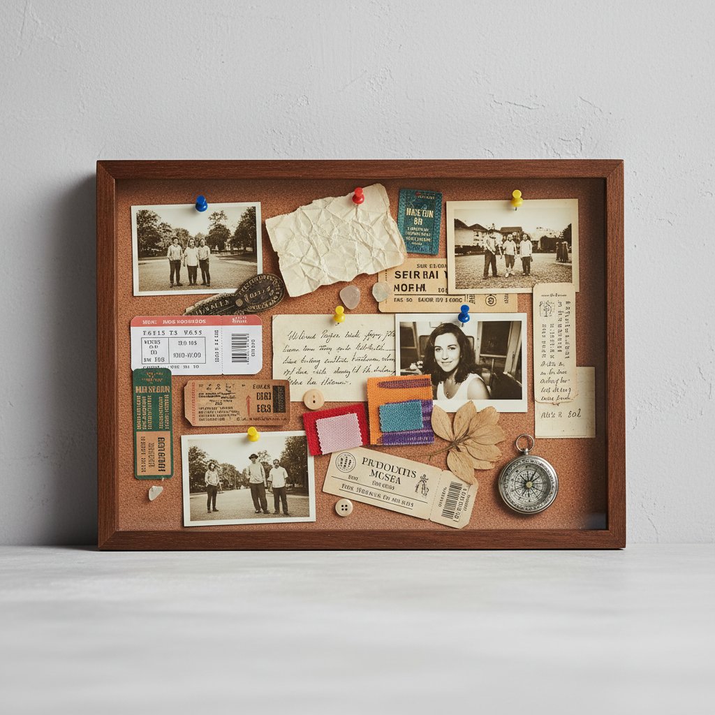 Memory board shadow box filled with photographs ticket stubs notes and keepsakes on corkboard
