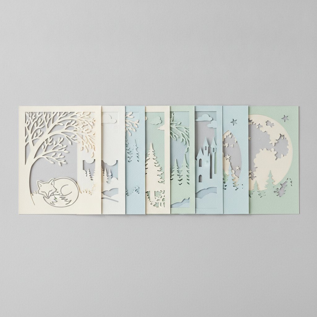 The individual cut paper layers of a shadow box laid out in a row before assembly to review depth and detail