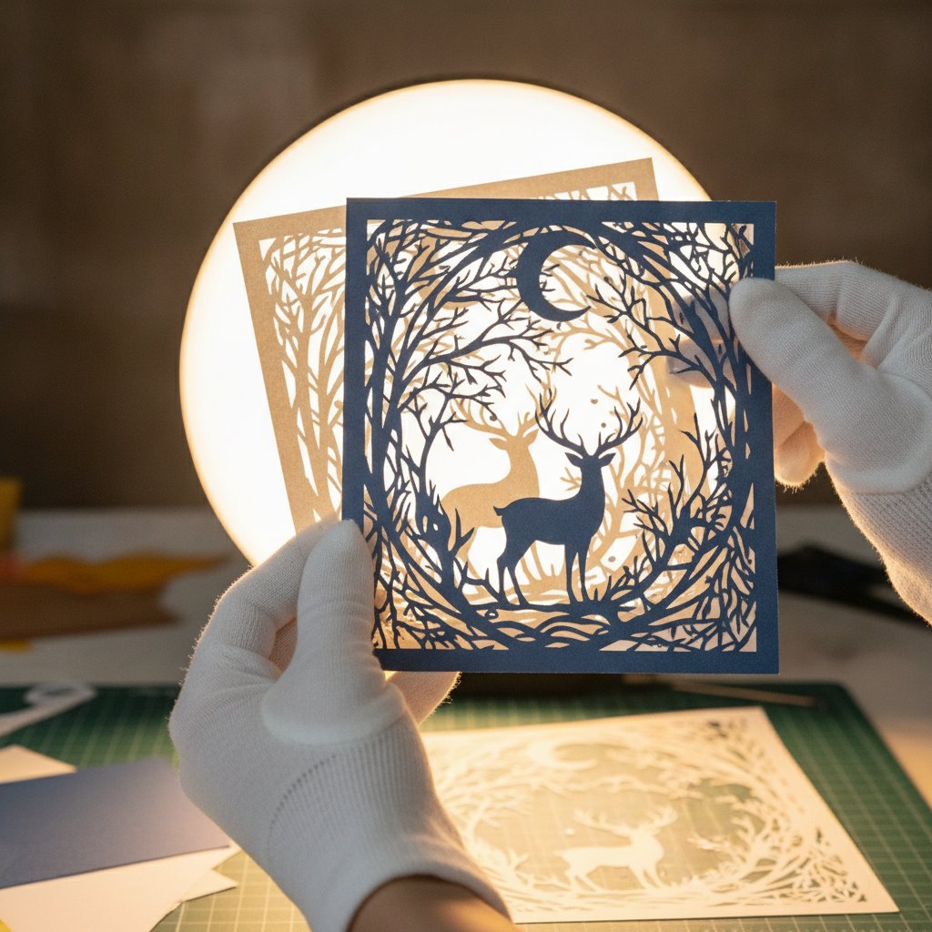 Hands holding two stacked cut paper shadow box layers up to a bright light source to preview alignment and the backlit cutout effect