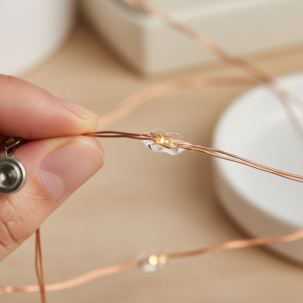 Fingers inspecting the thin copper wire and soldered LED bulb of a fairy light string for quality