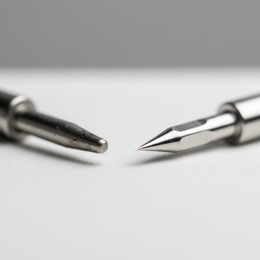 Worn dull Cricut blade beside a sharp new replacement blade in close-up