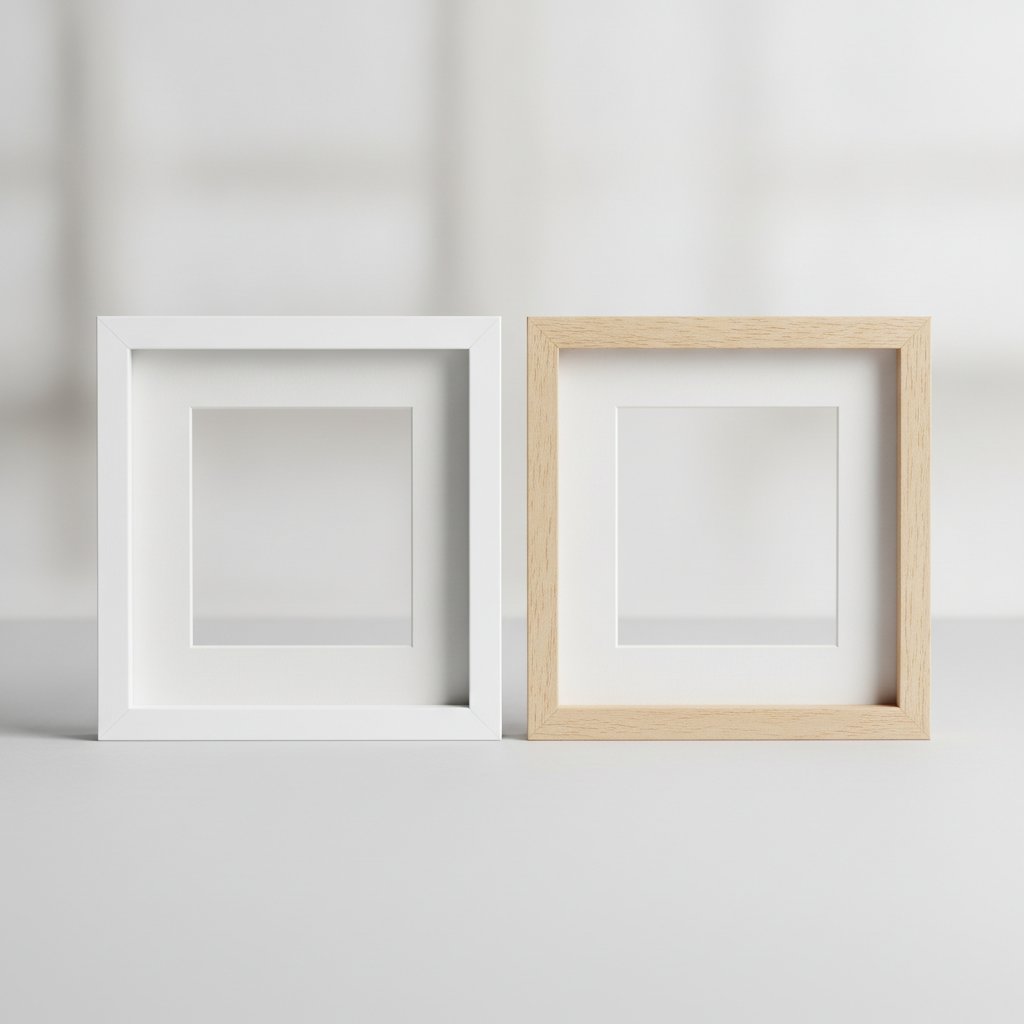 Two empty deep shadow box frames side by side, one white and one natural birch wood, showing interior depth