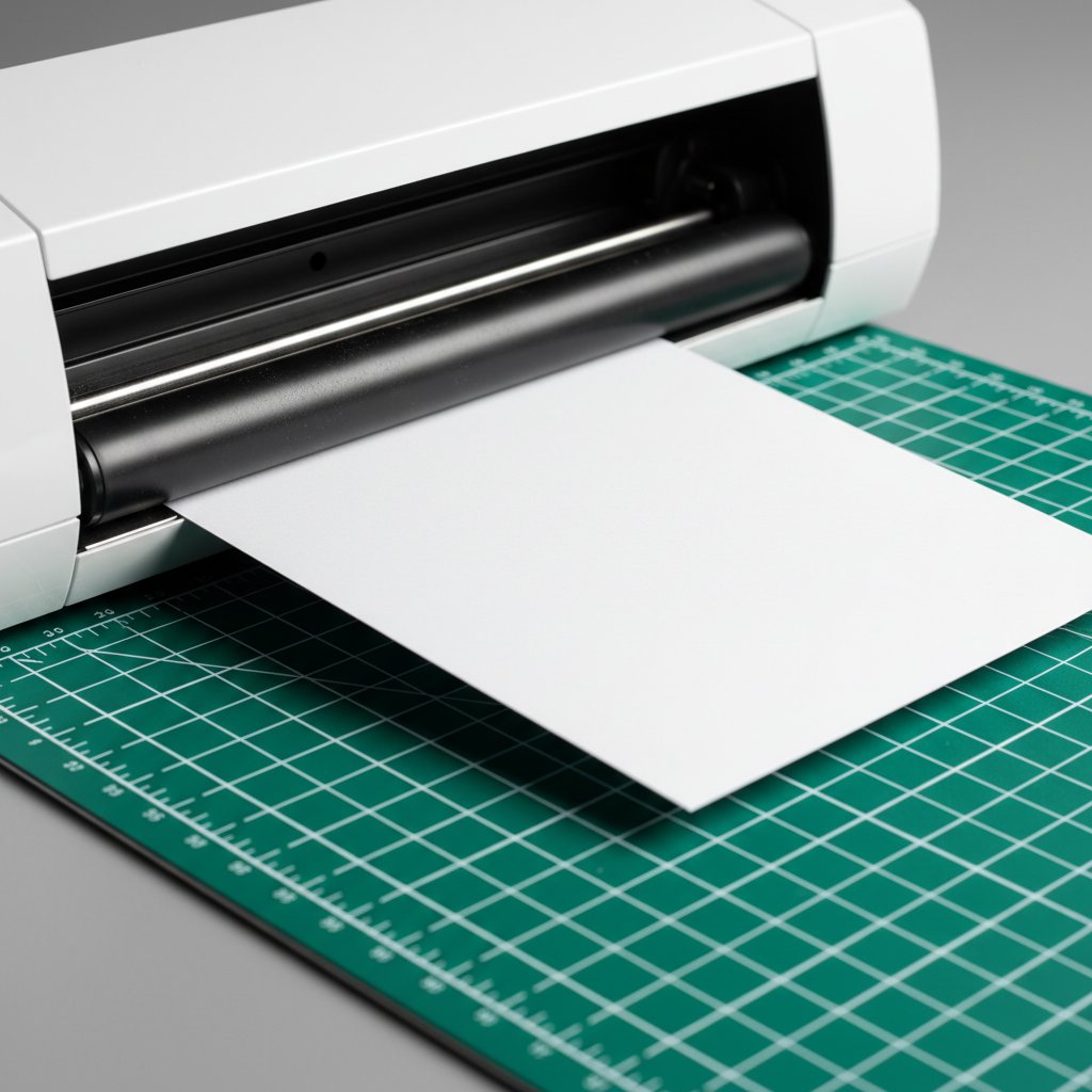 A white cardstock sheet on a green cutting mat feeding into the rollers of a cutting machine