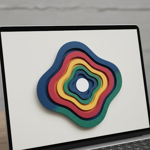 A laptop screen showing nested concentric paper-craft layer shapes in different colors stacked to suggest depth
