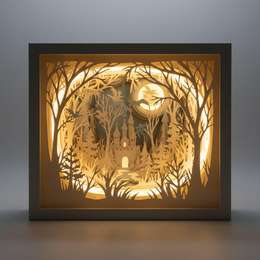 Finished layered paper-cut shadow box glowing to life with warm LED light in a dim room
