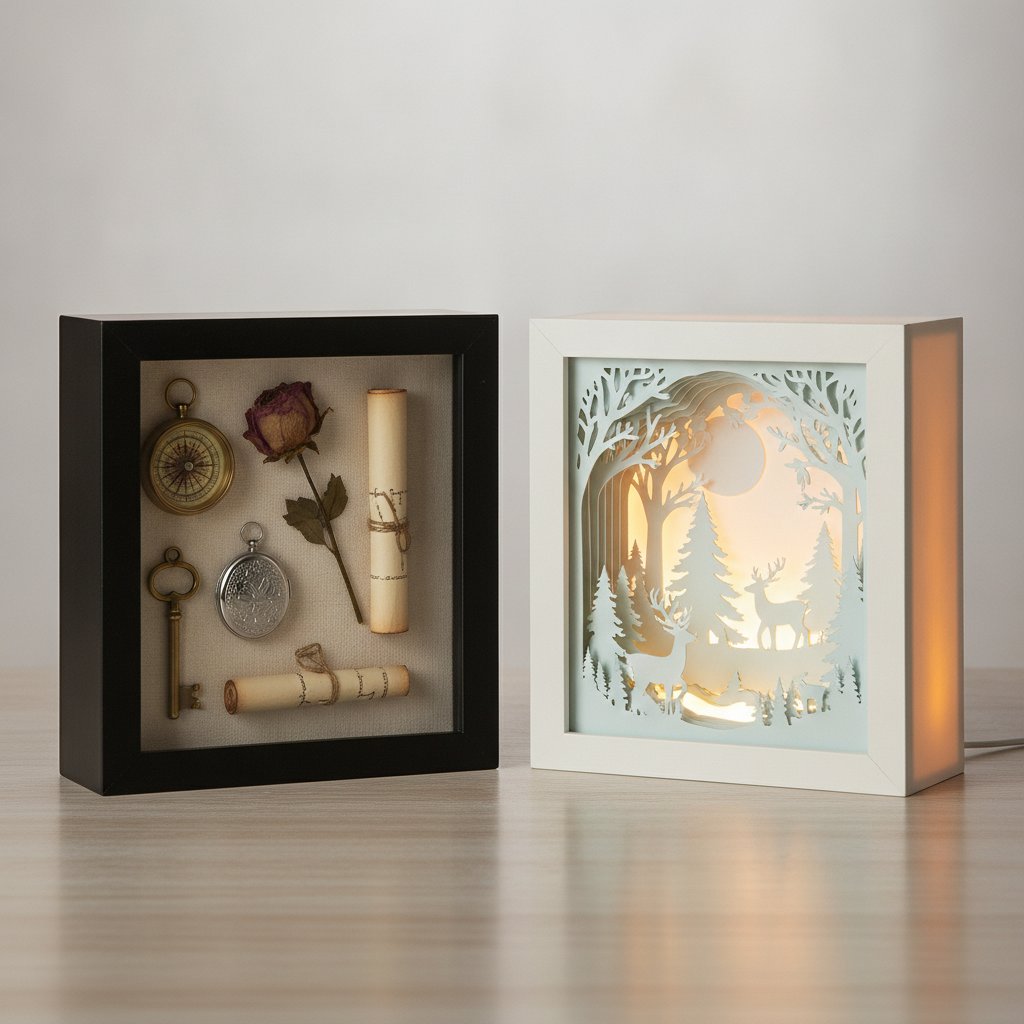 Two contrasting shadow boxes side by side, a traditional deep frame with memorabilia and an illuminated layered papercut shadow box glowing softly