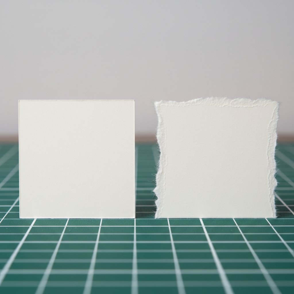 Comparison of a cleanly cut cardstock edge beside a torn ragged cardstock edge on a cutting mat