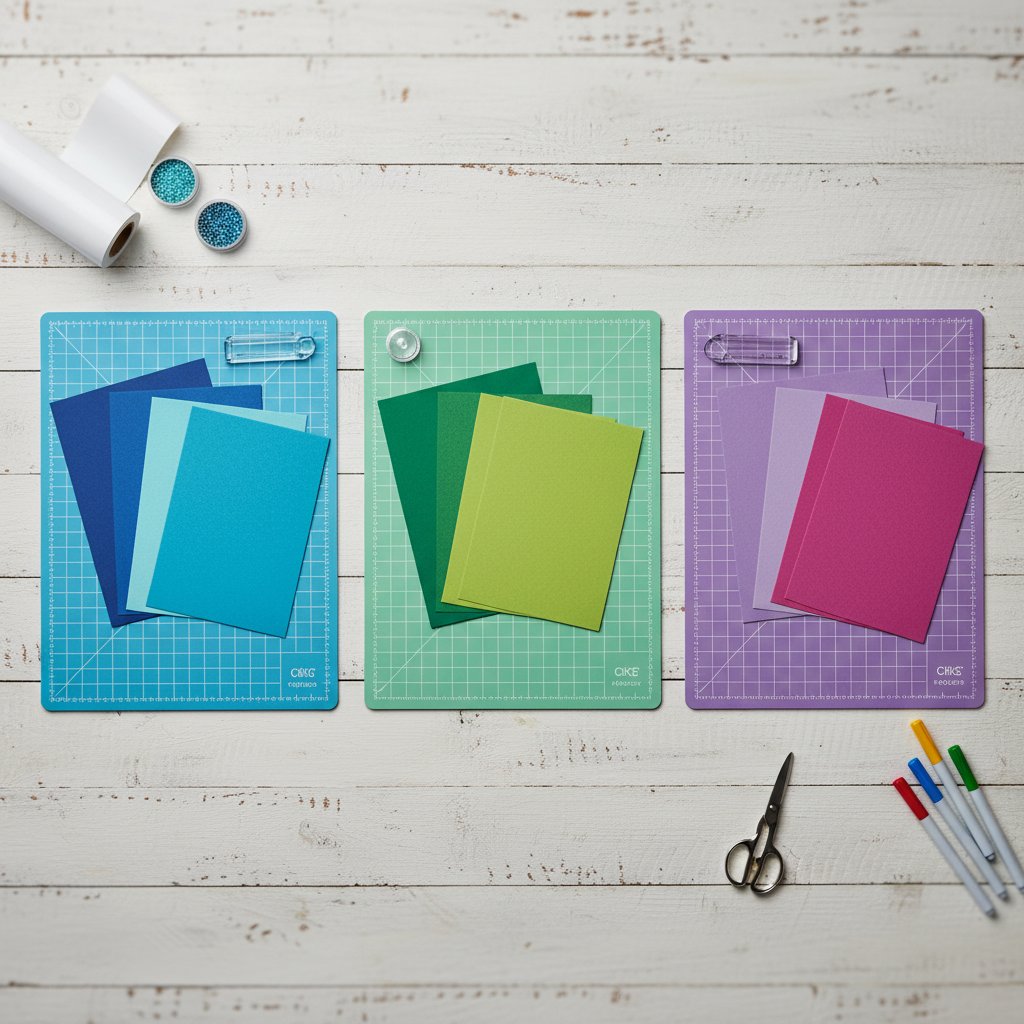 Overhead flat lay of cutting mats in different grip colors with sheets of colored cardstock on top