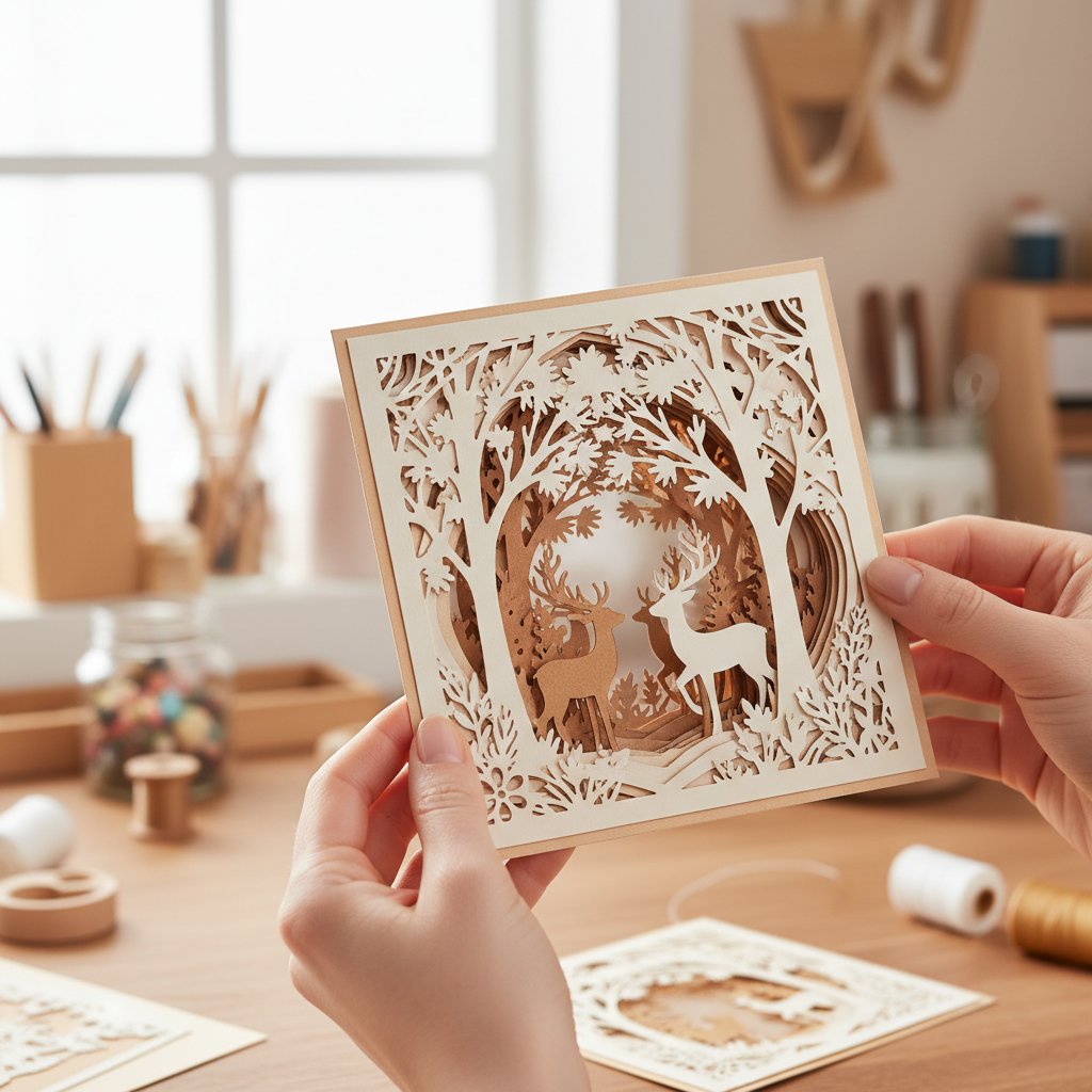 Hands holding a finished intricate multi-layered papercut cardstock design with crisp clean edges