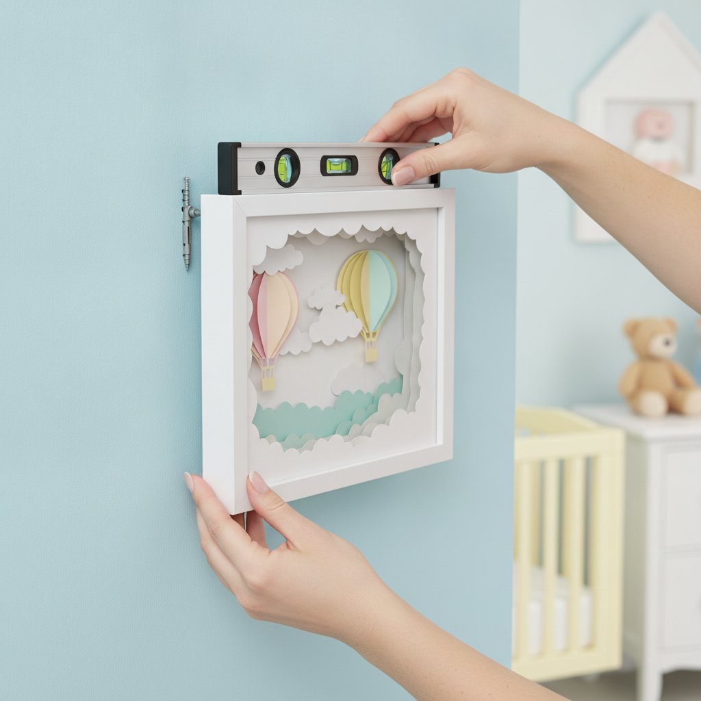 Hands mounting a papercut shadow box securely on a nursery wall using a toggle anchor and a level