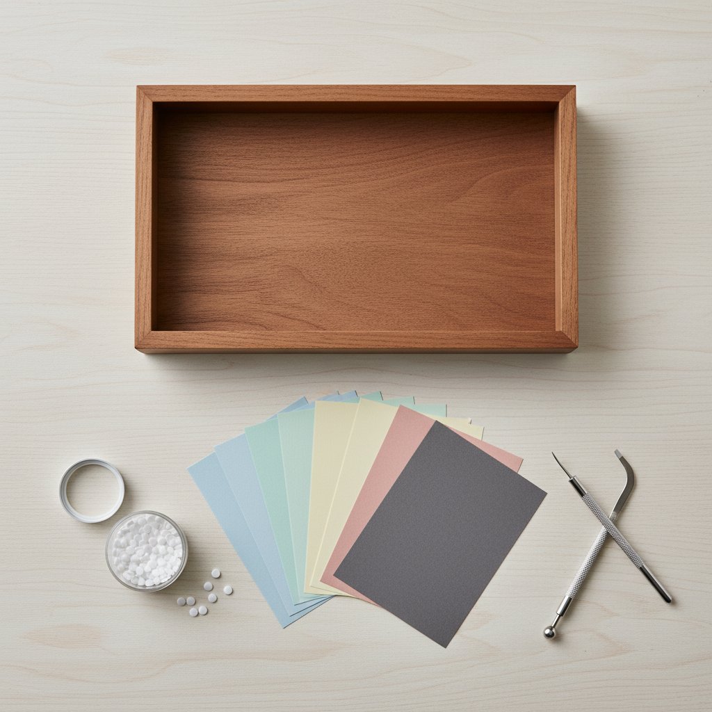 Overhead flat lay of shadow box supplies including a frame colored cardstock foam dots and craft tools