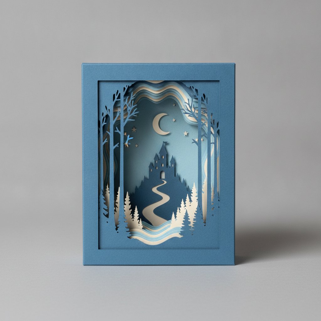A simple assembled papercut shadow box made from four to six paper layers showing modest depth