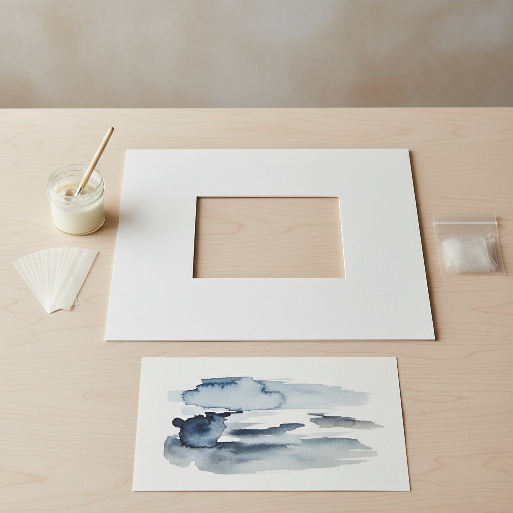 Archival mounting kit flat-lay with acid-free mat board, Japanese tissue hinges, wheat starch paste, Mylar corners and paper art