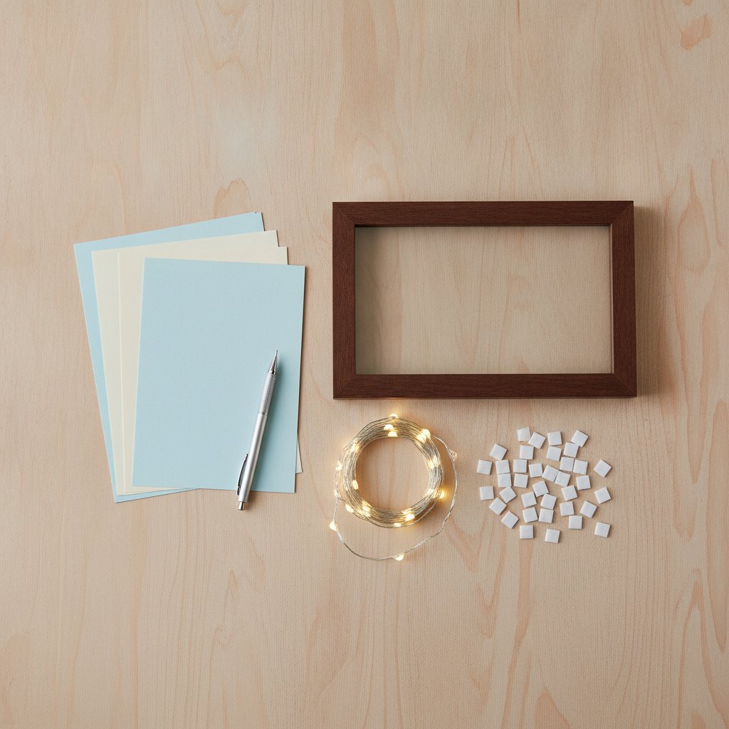 A flat-lay planning recap showing a stack of cardstock, a deep frame, foam spacers, an LED coil and a pencil arranged on a craft table