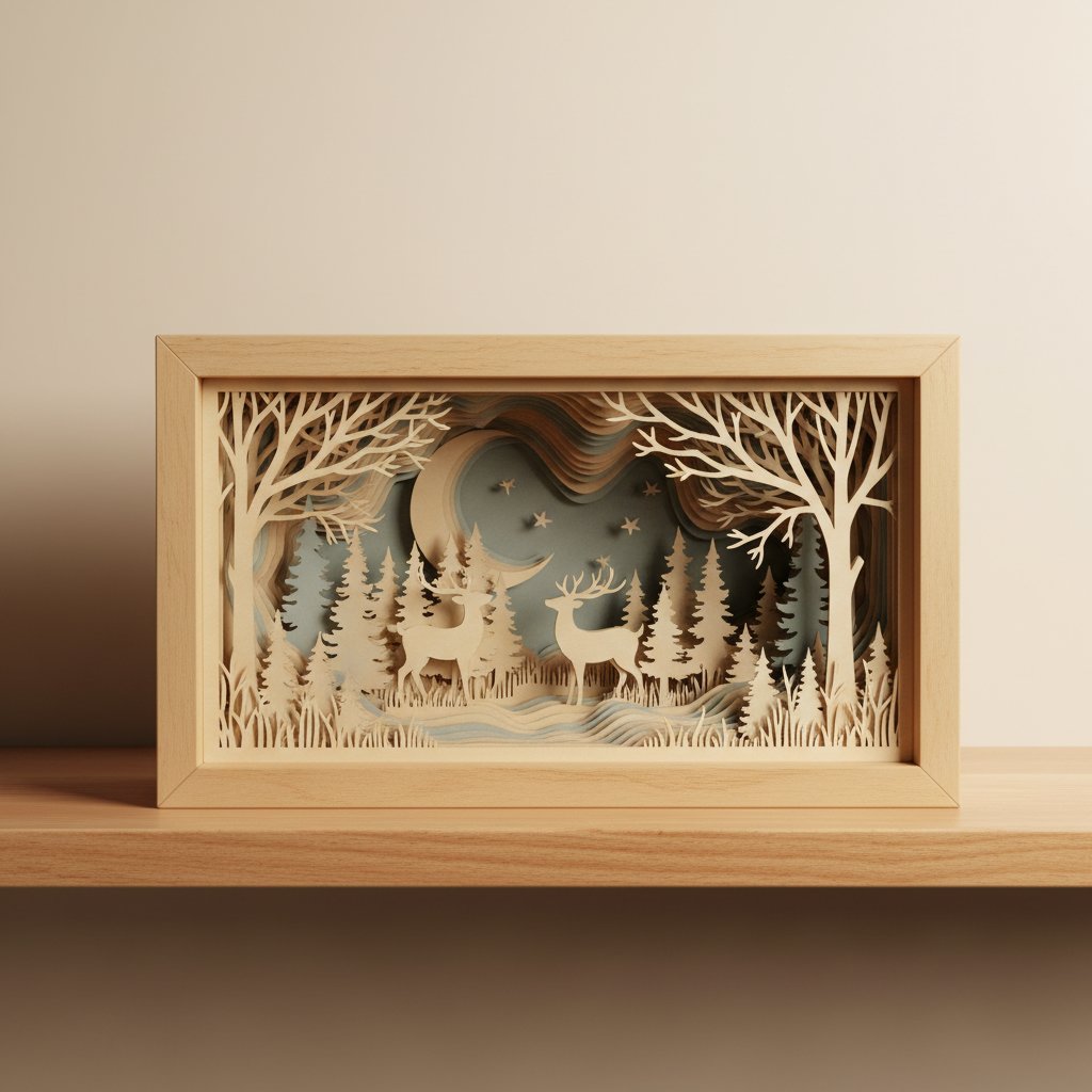 Finished intricate layered paper-cut woodland shadow box displayed on a wood shelf