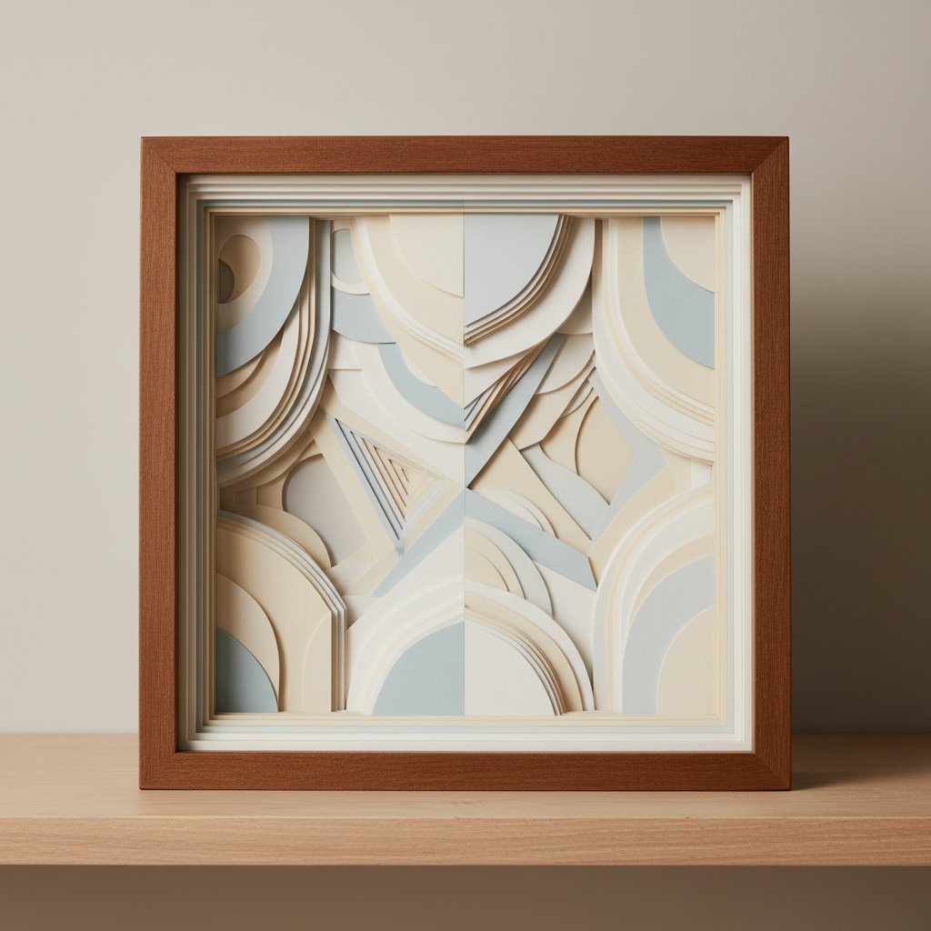 Beautifully finished layered paper-cut shadow box with crisp clean layers displayed on a wood shelf