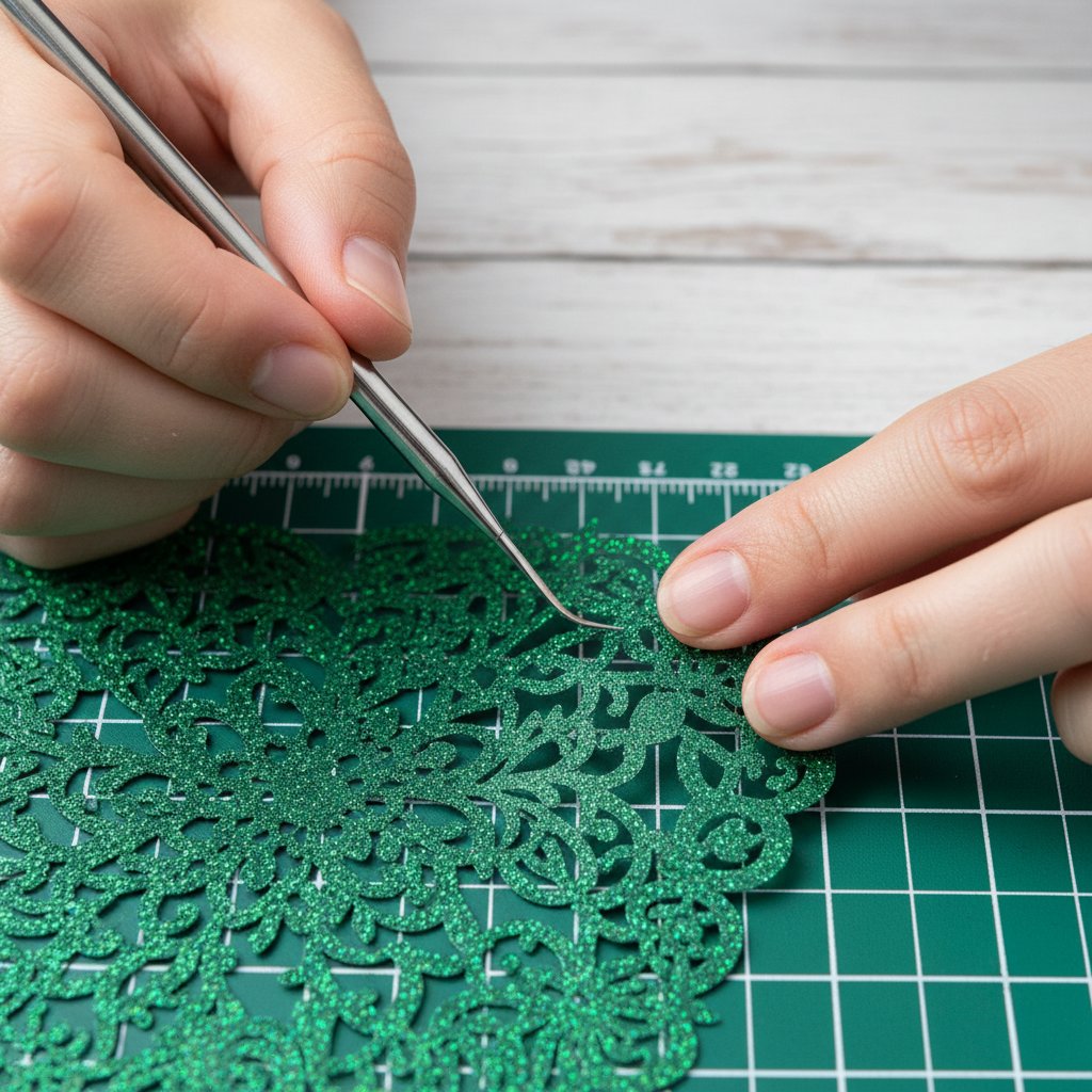 Crafter using a pointed weeding tool to lift waste pieces from an intricate green glitter cardstock cut on the mat