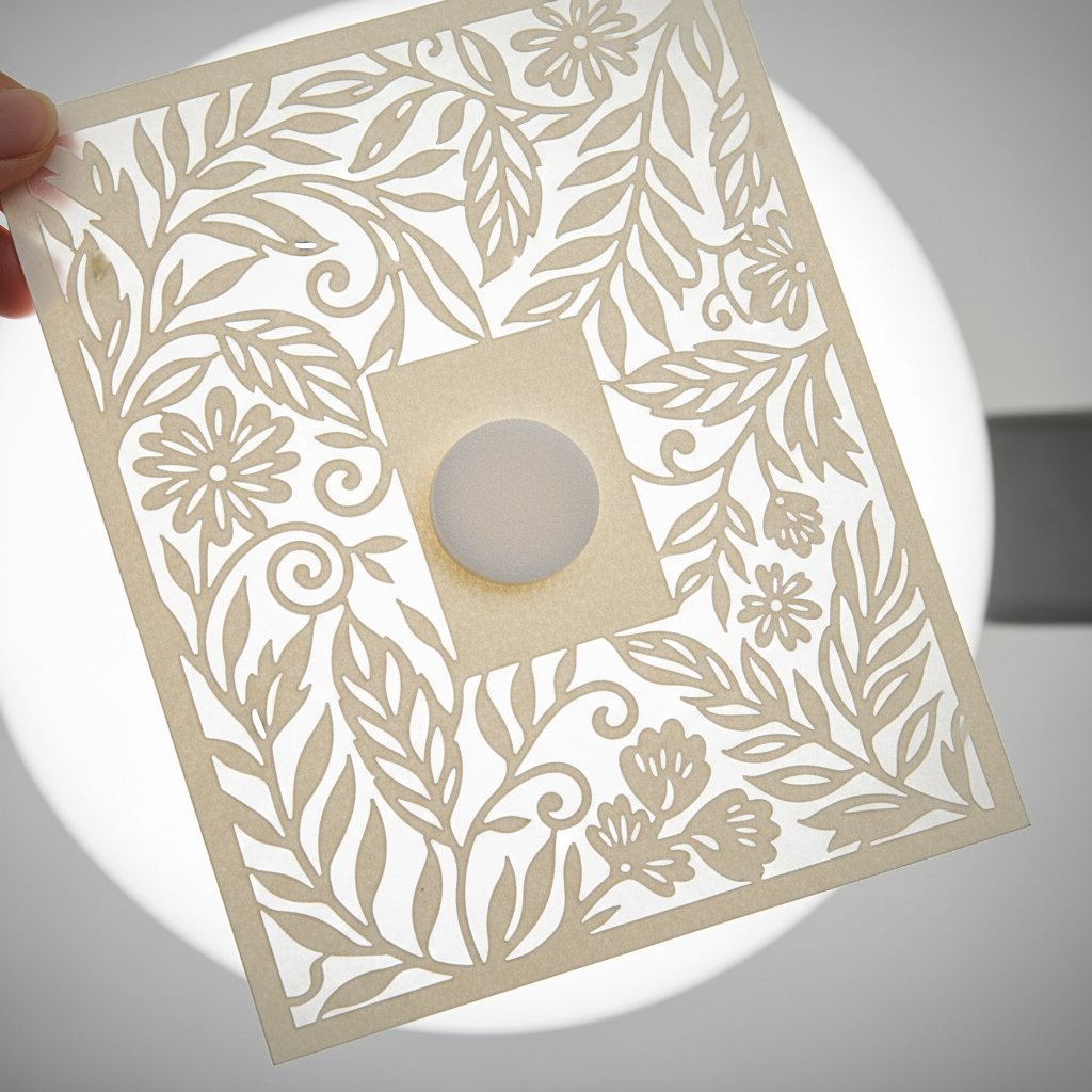 A paper-cut cardstock layer held to the light with a foam spacer behind a solid area to check it will not show through cutouts