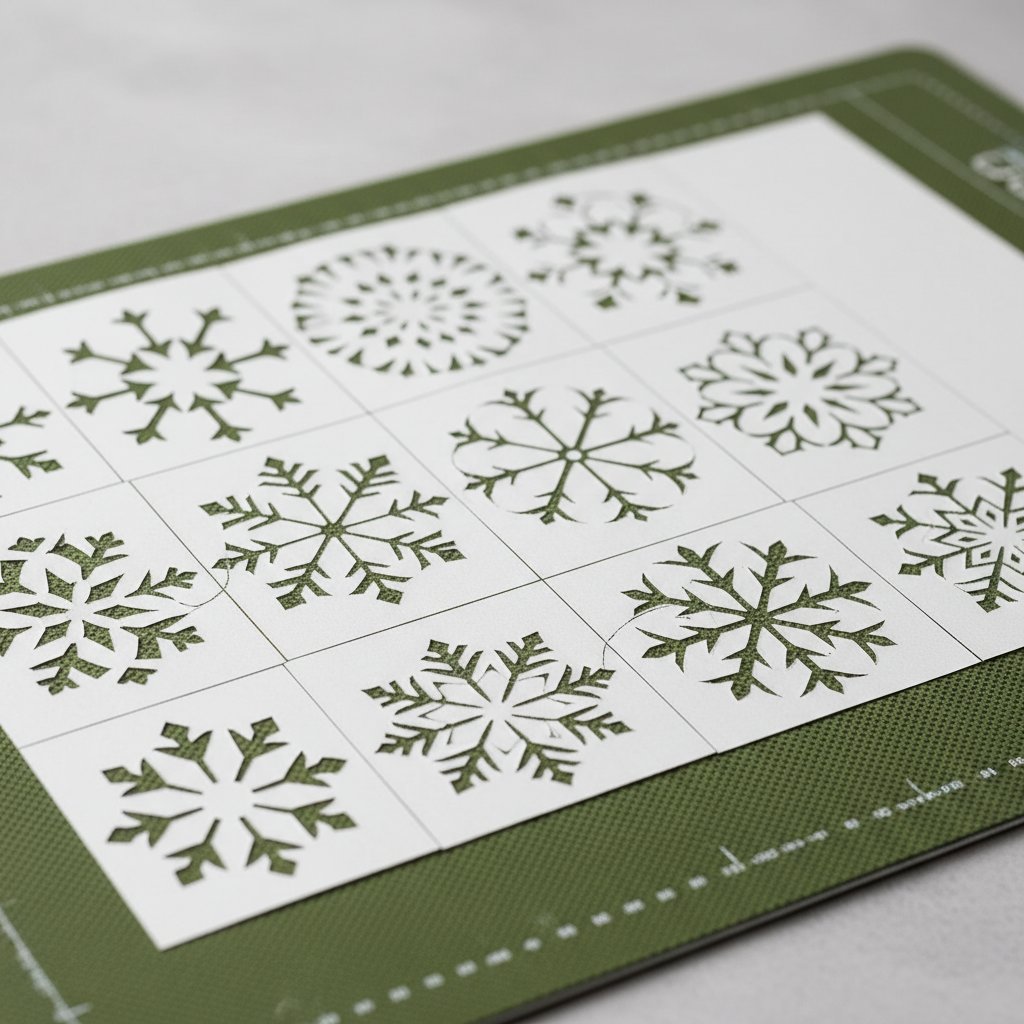 Freshly cut Christmas snowflake paper pieces arranged neatly on a Cricut cutting mat