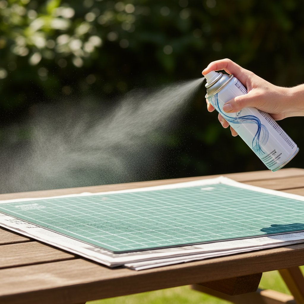 A hand applying a light coat of spray adhesive onto a cutting mat outdoors on newspaper