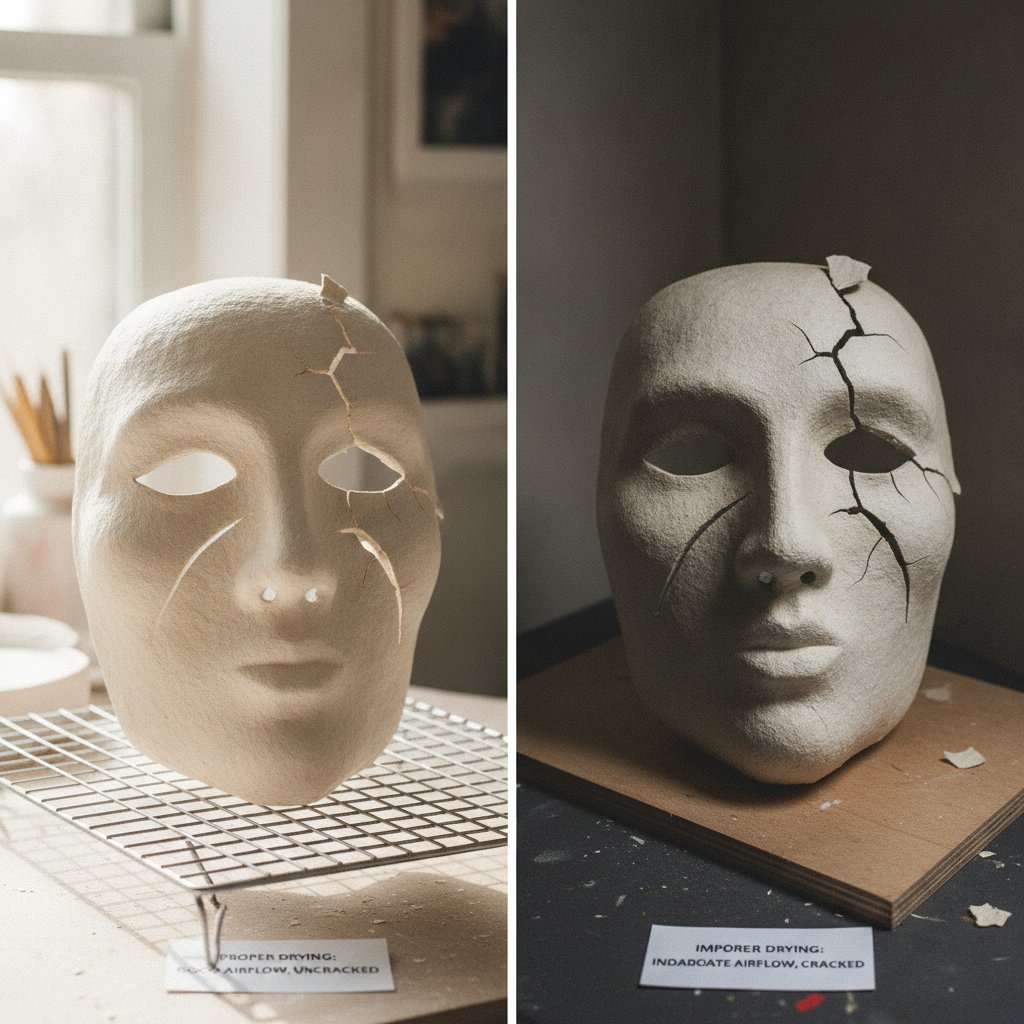 Paper mache troubleshooting: a well-formed drying piece on a rack with good airflow, compared to a piece that has developed cracking from inadequate drying