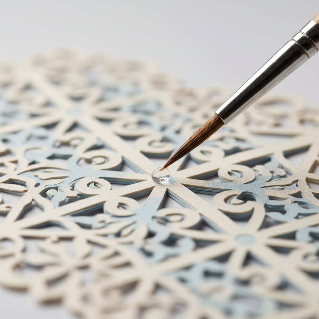 Fine paintbrush dabbing glue onto a delicate connection point of a paper-cut layer to reinforce it