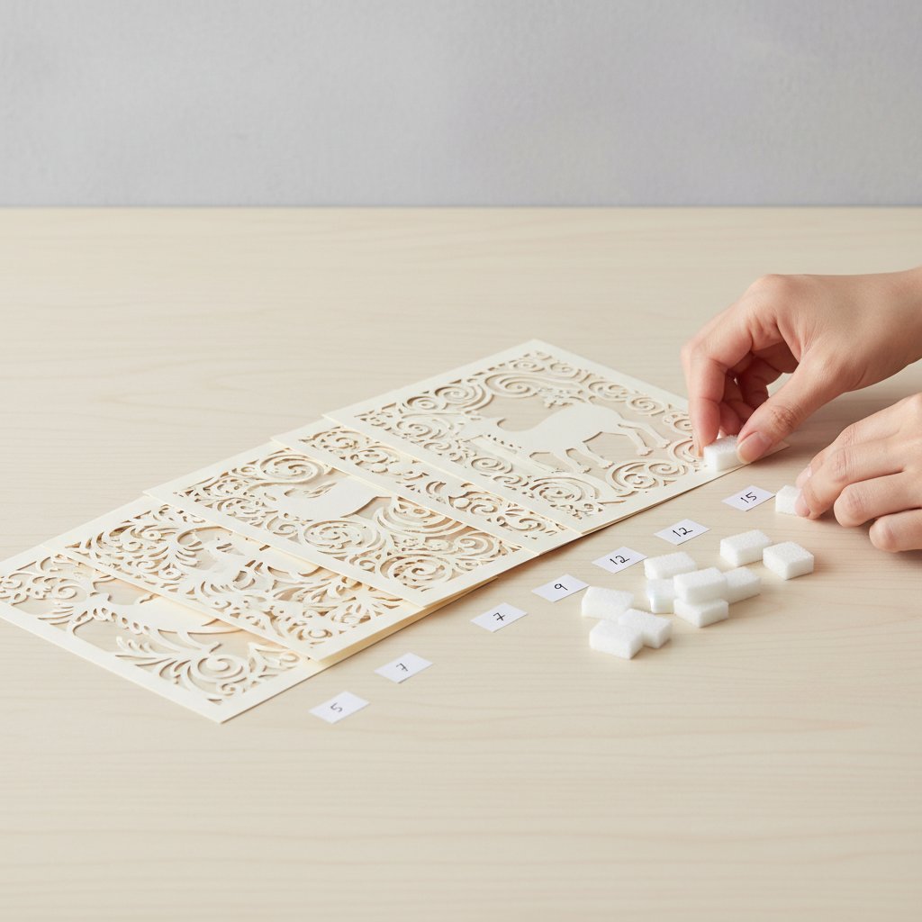 Paper-cut shadow box layer beside foam spacers being planned and counted out on a wood surface