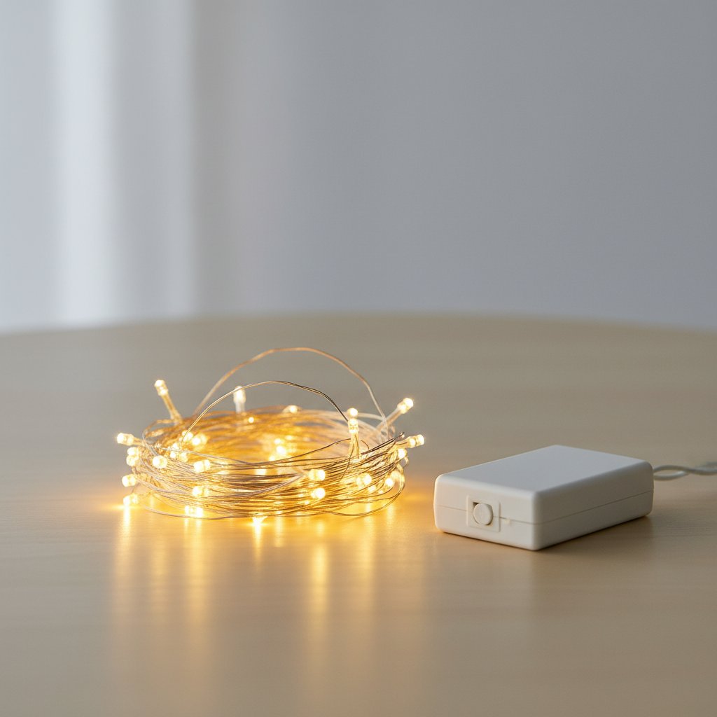 Warm-white LED fairy lights switched on and glowing on a tabletop during a safety test before installation