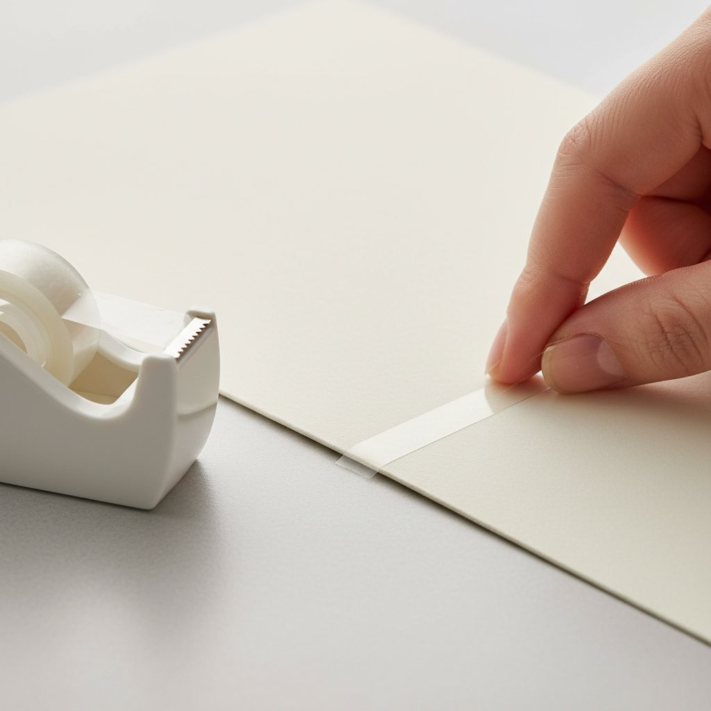 Fingertips pressing a strip of clear double-sided tape onto the back of a cardstock layer with a tape dispenser nearby
