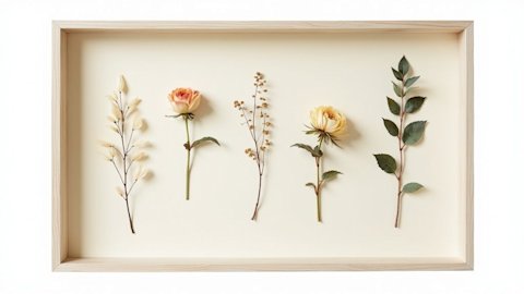 Pressed flower shadow box display with preserved petals and leaves arranged on acid-free backing