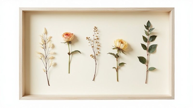 Pressed flower shadow box display with preserved petals and leaves arranged on acid-free backing