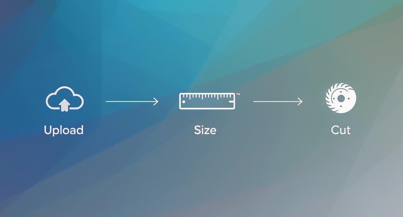 Three step workflow diagram showing cloud upload, ruler measuring size, and circular saw blade cutting process