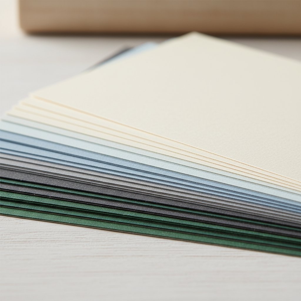 Fanned stack of cardstock sheets in graduated weights and colors showing varying thickness