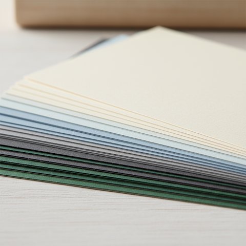 Fanned stack of cardstock sheets in graduated weights and colors showing varying thickness