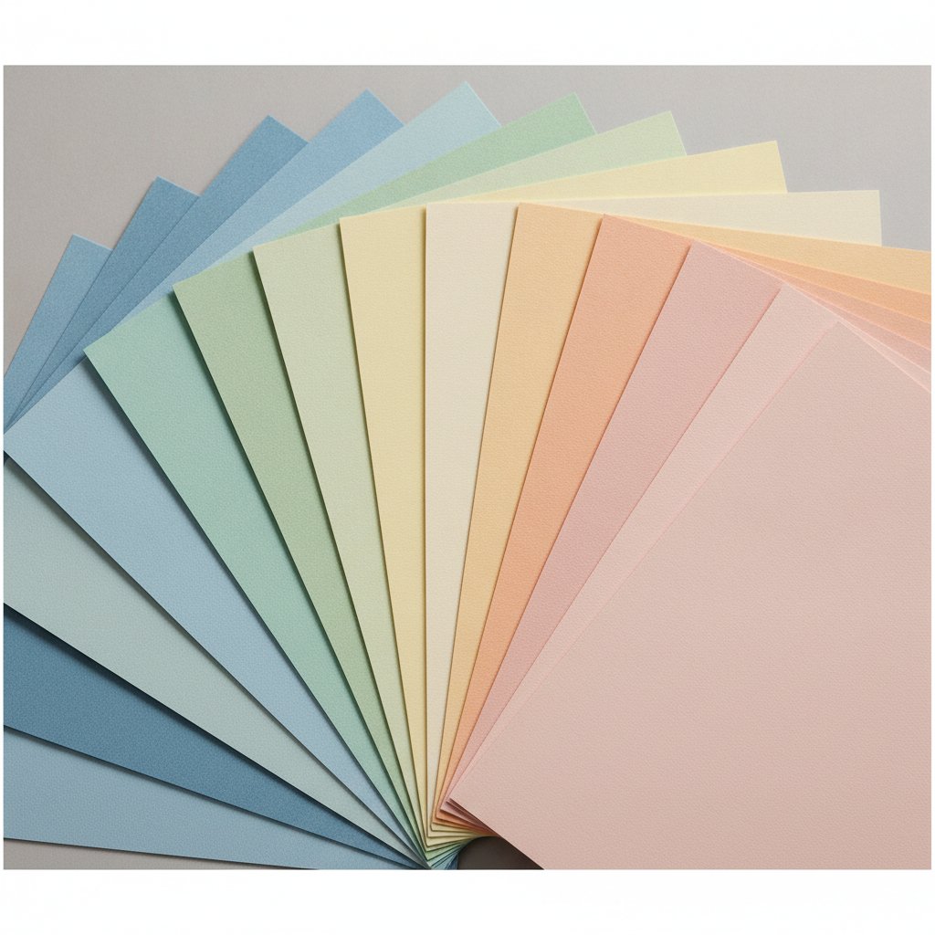 A neat stack of smooth solid-core cardstock sheets in graduated colors fanned out for shadow box layering