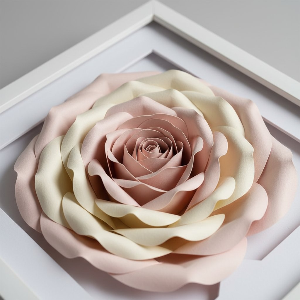 Close-up of layered paper-cut flower shadow box showing depth between rose petal layers with soft shadows