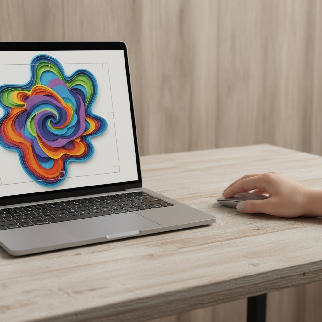 A laptop screen showing a colorful abstract paper-craft shape with selection handles being resized, a hand on a mouse beside it