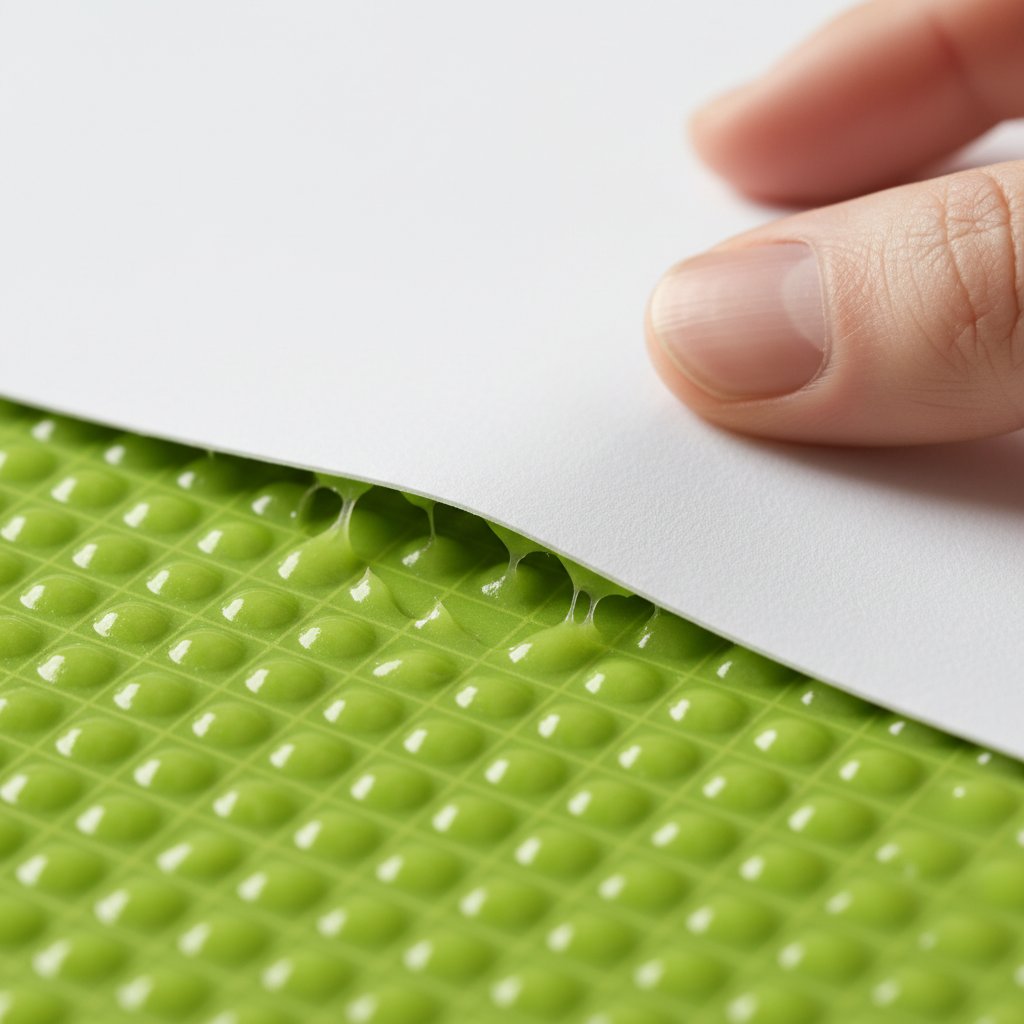 Macro close-up of a green cutting mat tacky adhesive surface with cardstock pressed onto it