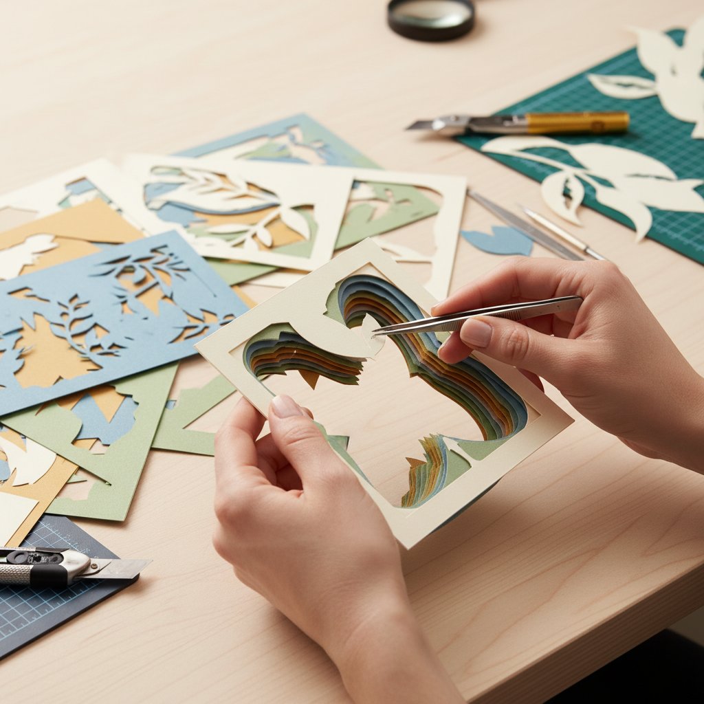 Crafter inspecting a damaged layered paper-cut shadow box for torn details before repair