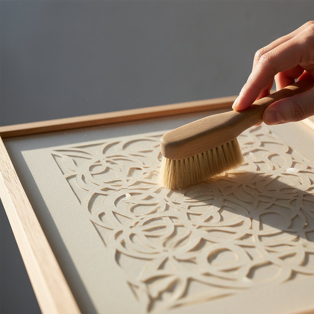 A hand sweeping dust from an unglazed framed papercut artwork with a soft wide brush in raking light