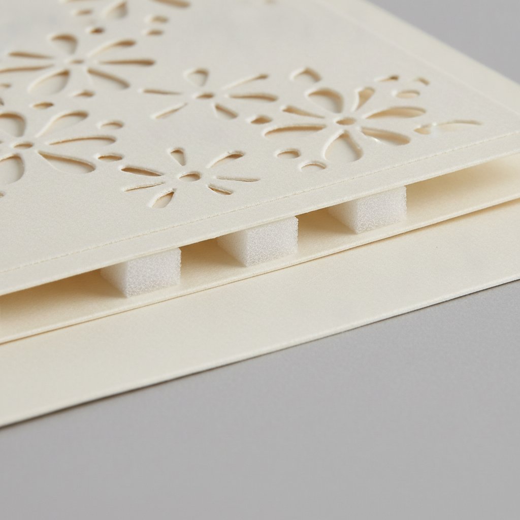 Close-up side view of two cut cardstock layers separated by small foam spacer squares showing the gap that creates dimensional depth