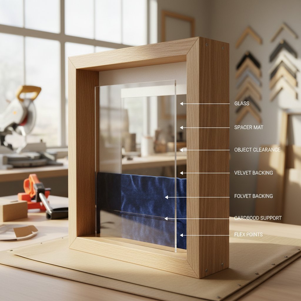 Shadow box frame components showing rabbet depth, glass, backing board, and internal clearance layers for paper cut projects