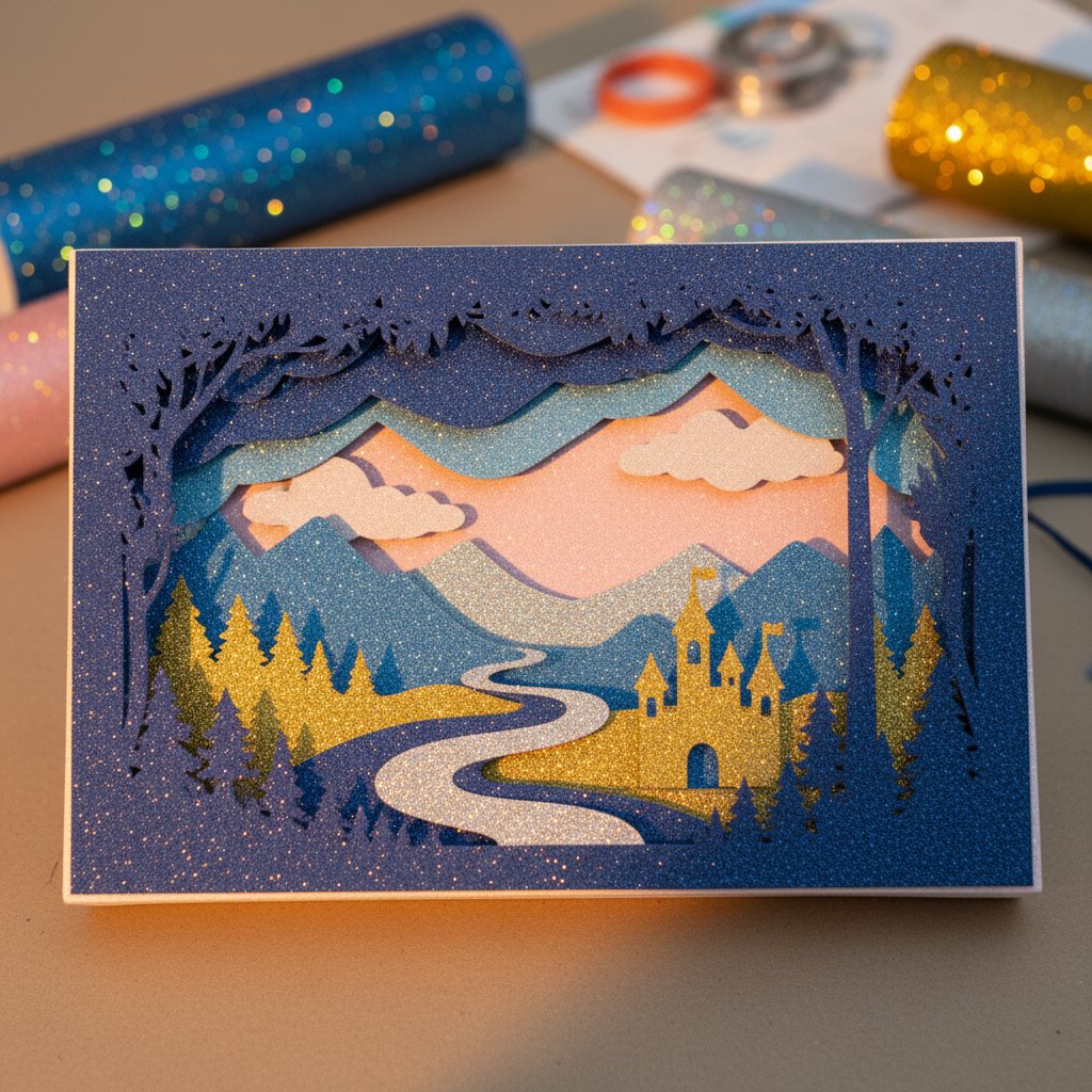 Beautiful glitter cardstock shadow box layers showing depth and sparkle