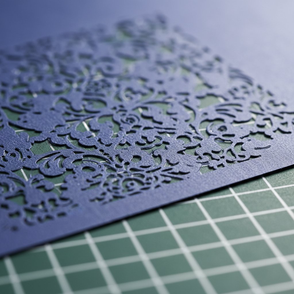 An intricate ornate pattern freshly cut into deep blue cardstock on a green cutting mat
