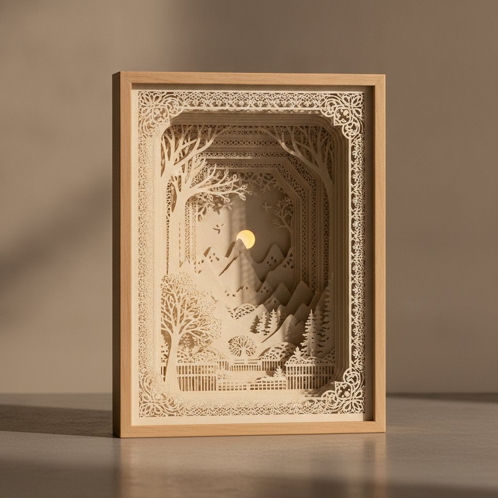 An intricate premium papercut shadow box with ten finely detailed layers creating dramatic depth