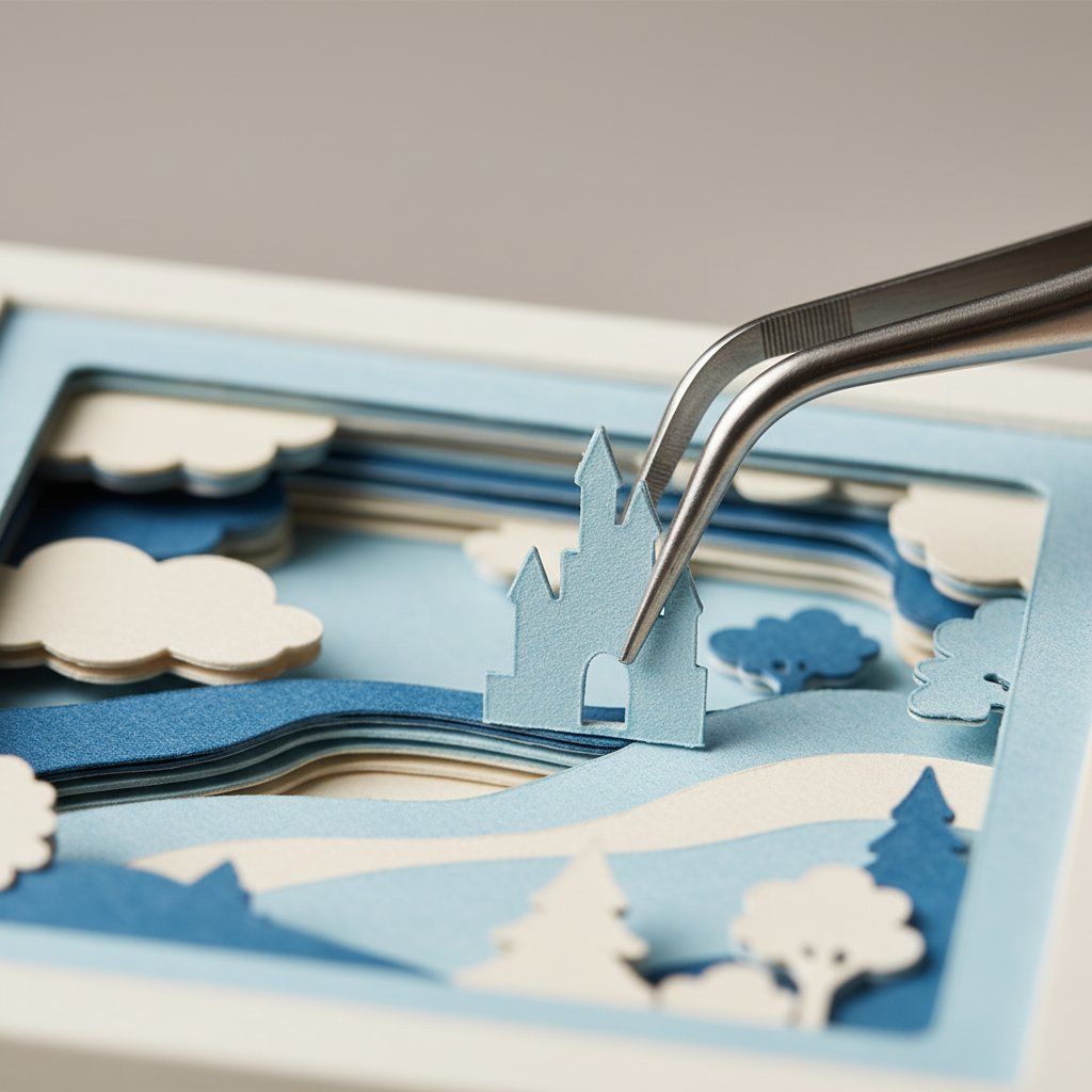 Close-up of craft tweezers placing a tiny intricate cardstock top-layer piece onto a layered shadow box scene