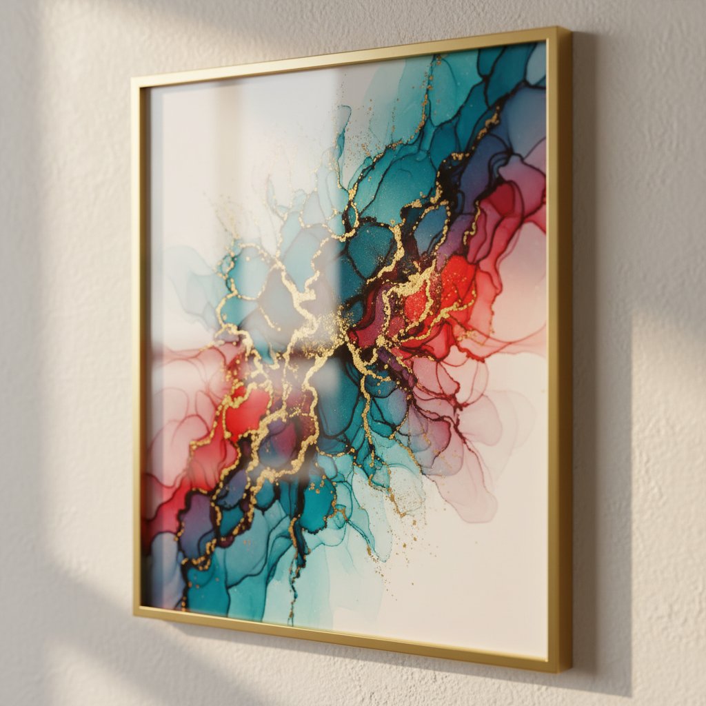 Framed alcohol ink abstract artwork displayed as home decor