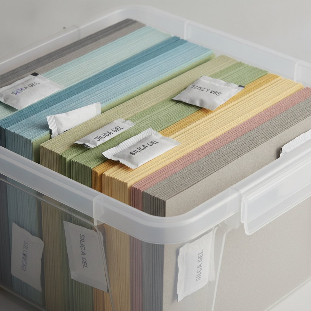 Neat stacks of colored cardstock inside a clear sealed plastic storage bin with several silica gel packets for humidity control