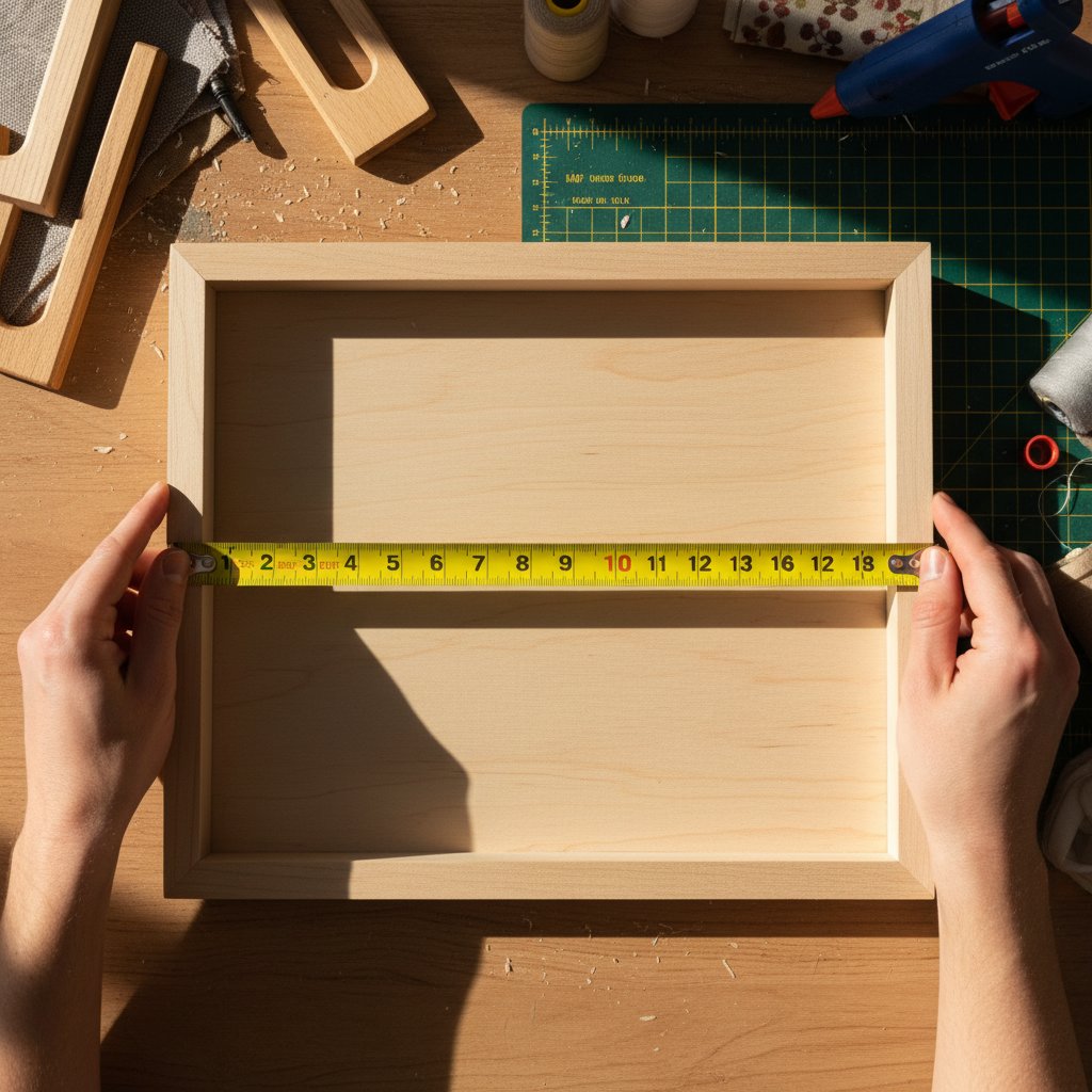 Measuring tape across shadow box frame interior demonstrating proper measurement technique for accurate sizing