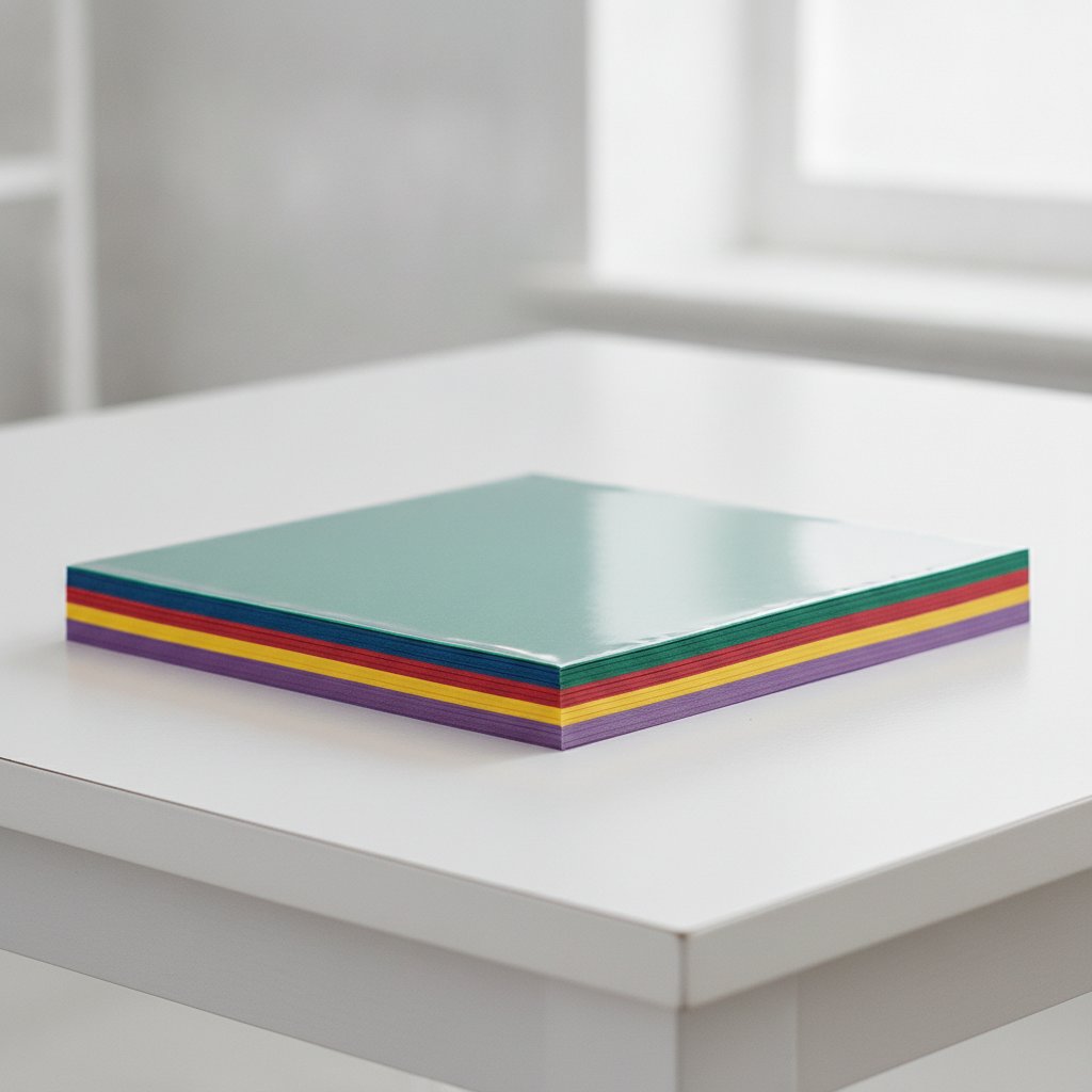 A pristine perfectly flat stack of fresh colored cardstock sheets on a clean craft table ready to cut